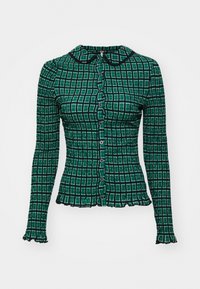 Groene en zwarte geruite blouse met lange mouwen, knoopsluiting, ronde kraag en uitgerimpelde zoom. Gemaakt van lichtgewicht, rekbaar materiaal.