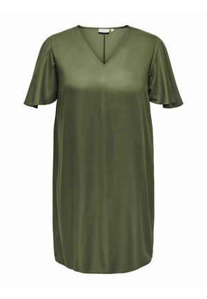 Robe vert olive avec un décolleté en V, des manches courtes flottantes et un tissu lisse, légèrement brillant. Silhouette en A avec une coupe au-dessus du genou.