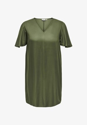 Olivno zelena obleka z V-izrezom, kratkimi rahlo valovitimi rokavi in gladkim, rahlo sijočim materialom. A-linijska silhueta z dolžino do kolen.