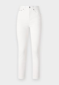 Jeans blancos de talle alto con una silueta ajustada, hechos de mezclilla, que cuentan con bolsillos frontales, cierre con cremallera y detalles en tono plateado.