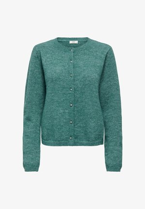 Cardigan verde lavorato a maglia con scollo rotondo, maniche lunghe e chiusura frontale con bottoni decorativi argentati. Tessuto morbido.