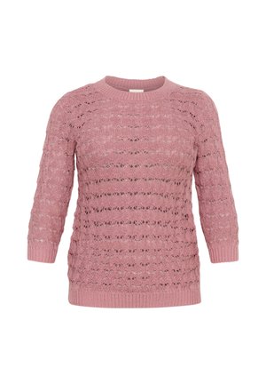 Sweter dzianinowy w miękkim różowym kolorze z teksturowanym wzorem, okrągłym dekoltem i rękawami o długości trzech czwartych. Prążkowane mankiety i dół.