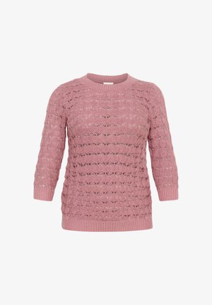 Knitted sweater in soft pink with a textured pattern, crew neckline, and three-quarter sleeves. Ribbed cuffs and hem.