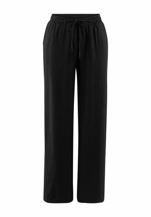 Sorte brede bukser lavet af letvægtsstof, med elastisk talje med snor og sidelommer. Glat tekstur.