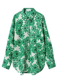 Camicia a maniche lunghe con bottoni verde floreale realizzata in tessuto leggero. Presenta grandi e audaci motivi floreali su uno sfondo bianco. Collo e maniche lunghe.