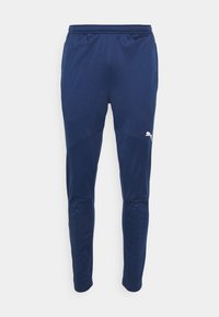 Marineblauwe sportieve joggers met taps toelopende benen, elastische tailleband en Puma-logo in het wit aan de linkerkant. Zachte, gladde stof.
