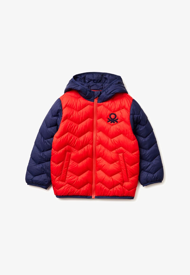 Hooded puffer jacket with red front and navy blue sleeves, navy logo on chest, front zipper, and two side pockets.