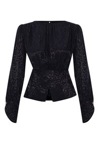 Schwarze Bluse mit einem dezenten Leopardenmuster, langen Ärmeln, einer gerafften Taille und einem gespaltenen Saum. Ausgestattet mit Knopfakzenten an den Bündchen.