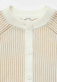 Beige and cream striped cardigan with ribbed texture, featuring a round neck, five buttons, and an "OPUS" label at the neck.