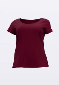 Blouse bordeaux pour femmes à manches courtes avec encolure dégagée, présentée sur un fond gris clair uni.