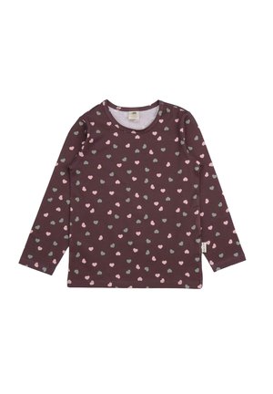 Langärmliges Shirt aus dunkelviolettem Baumwollstoff mit einem verstreuten Muster aus pinken und türkisfarbenen Herzen. Runder Halsausschnitt und normale Passform.