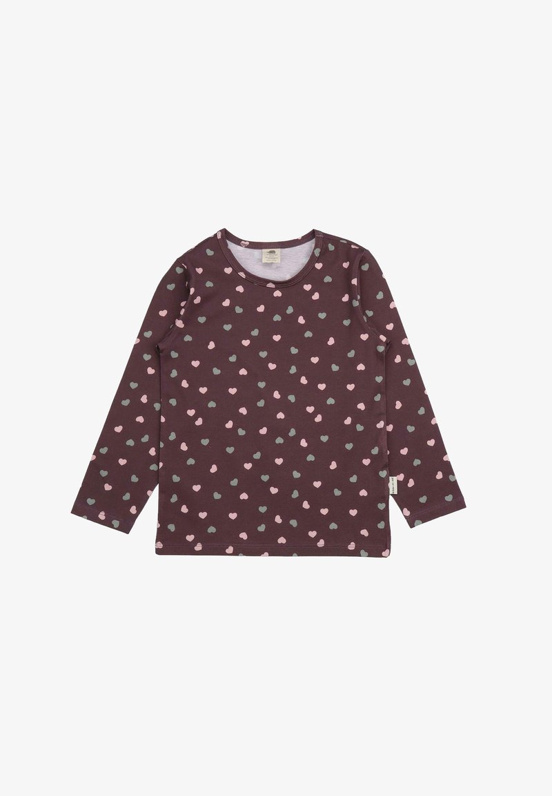 Langärmliges Shirt aus dunkelviolettem Baumwollstoff mit einem verstreuten Muster aus pinken und türkisfarbenen Herzen. Runder Halsausschnitt und normale Passform.