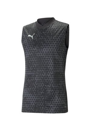 Mouwloze donkergrijze sporttop met een driehoekig patroon, V-hals ontwerp en witte Puma-logo. Gemaakt van synthetisch vochtregulerend materiaal.