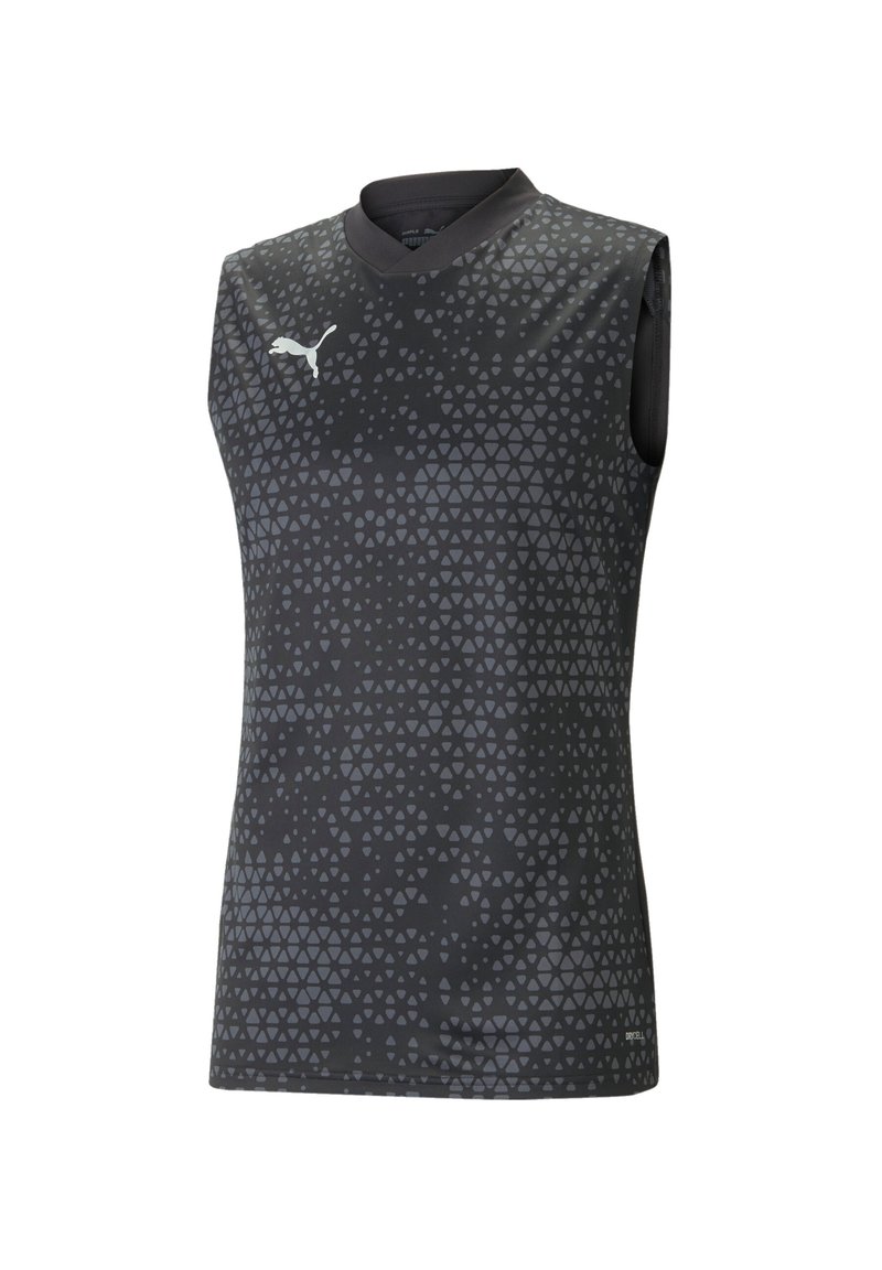 Top atletico senza maniche di colore grigio scuro con un motivo triangolare, design a V e logo Puma in bianco. Realizzato in materiale sintetico che assorbe l'umidità.