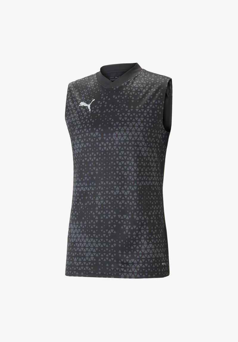 Mouwloze donkergrijze sporttop met een driehoekig patroon, V-hals ontwerp en witte Puma-logo. Gemaakt van synthetisch vochtregulerend materiaal.