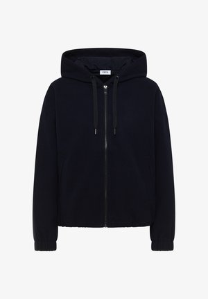 Sweat à capuche zippé marine en tissu doux, avec capuche à cordon, poignets côtelés et poches latérales pour plus de fonctionnalité.