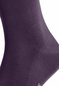 Calza viola realizzata in un materiale liscio e elastico. Presenta una texture a coste e una zona del piede rinforzata. Logo del brand discreto alla base.