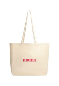 Borsa a tracolla in tela beige con manici lunghi e una scritta "mama" rosa ben visibile sul davanti. Forma rettangolare con dettagli di cucitura.