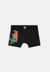 Sous-vêtements en coton noir avec un design graphique de deux personnages dans des couleurs vives, doté d'une taille élastique rouge et d'une bordure élastique.