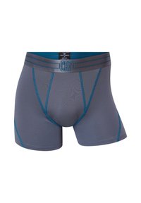 Gray boxer briefs with a breathable mesh fabric, featuring turquoise accents and a logo waistband. Elastic material provides comfort and fit.