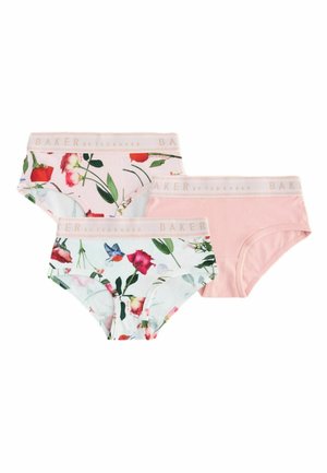 Drei Mädchen-Slips, zwei mit Blumen- und Vogelmustern und einer in einfarbigem Hellrosa, alle mit beigen Elastikbündchen "Baker by Ted Baker".