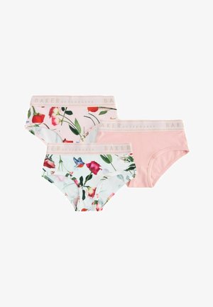 Trei chiloți pentru fete, doi cu modele florale și de păsări și unul simplu, roz deschis, toți cu benzi elastice bej cu inscripția "Baker by Ted Baker".