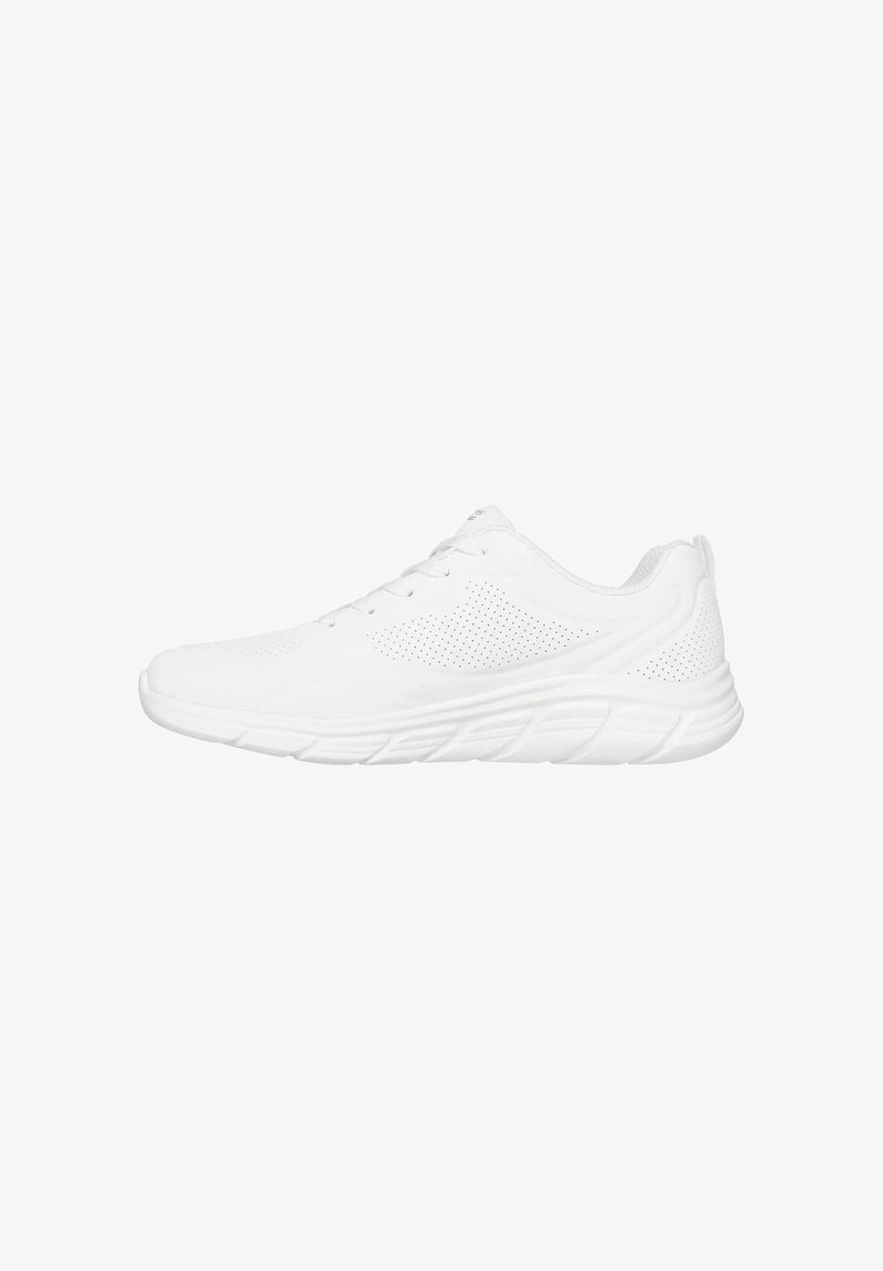 Scarpe sportive bianche con tomaia in rete, suola in gomma liscia e chiusura con lacci. I lati presentano dettagli perforati per la traspirabilità.