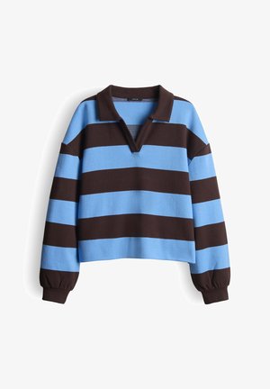 Korte mouwen pullover in blauw en bruine strepen, met een kraag en een losse pasvorm. Gemaakt van een zachte stof met geribbelde manchetten.