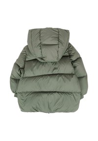 Groene pufferjack met een capuchon, met gequilte delen en een gladde, glanzende textuur. Inclusief elastische manchetten en een rechte zoom.