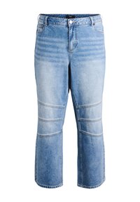 Ljust blå denim cropped jeans med rak benpassform, som har horisontella sömmar och knappstängning. Klassisk femfickdesign.