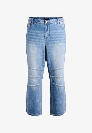 Helleblaue, verkürzte Jeans im geraden Schnitt mit horizontalen Nähten und Knopfverschluss. Klassische Fünf-Taschen-Optik.