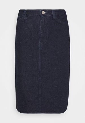 Jupe crayon en denim bleu foncé avec boutons et poches à l'avant, longueur genou, ourlet droit avec coins arrondis.