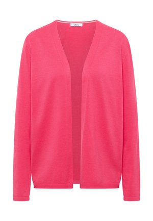 Cardigan à devant ouvert rose vif avec manches longues et ourlet côtelé, présenté sur un fond blanc.