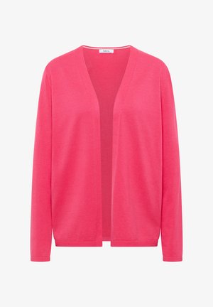 Cardigan à devant ouvert rose vif avec manches longues et ourlet côtelé, présenté sur un fond blanc.