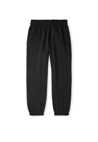 Zwarte sweatpants van een zachte, lichte stof. Elastische tailleband en boorden, met twee zijzakken voor opbergruimte. Glad materiaal, casual ontwerp.