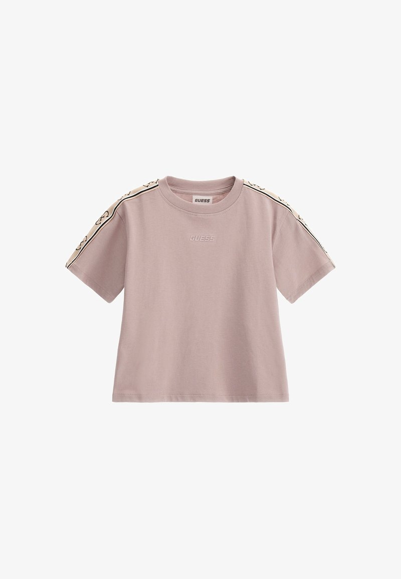 T-shirt en coton rose clair à manches courtes, avec un logo imprimé sur le devant et des accents à motifs sur les épaules avec des rayures contrastantes.