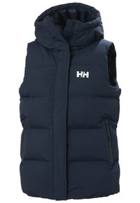 Gilet puffa blu navy con colletto alto, dotato di chiusura con zip e due tasche laterali con zip. Logo in bianco sul davanti.