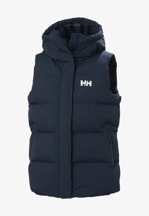 Granatowa kamizelka puchowa z wysokim kołnierzem, z zapięciem na zamek i dwoma bocznymi kieszeniami zapinanymi na zamek. Logo w białym kolorze widoczne z przodu.