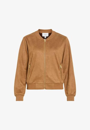 Giacca bomber color cammello con chiusura a zip, polsini e orlo a costine, due tasche frontali con zip, realizzata in morbido materiale effetto suede. Dettagli in metallo dorato.