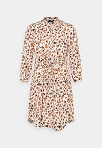 Abito a camicia in tessuto leggero con sfondo bianco e stampa leopardata multicolore, arricciato in vita con lacci.