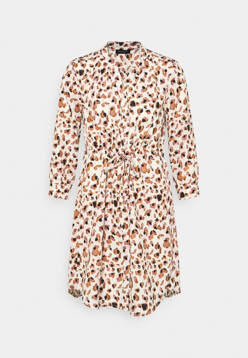 Abito a camicia in tessuto leggero con sfondo bianco e stampa leopardata multicolore, arricciato in vita con lacci.