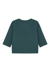 Donkergroene peuter t-shirt met lange mouwen en ronde hals, eenvoudig ontwerp en zichtbare stiksels op de kraag, mouwen en zoom.