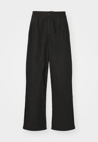 Czarne szerokie spodnie wykonane z gładkiego materiału, z zapięciem na guzik z przodu, dwoma bocznymi kieszeniami i luźnym krojem.