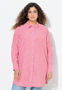 Camicetta a righe rosa e bianche con maniche lunghe e colletto. Il tessuto appare leggero con una finitura leggermente testurizzata.