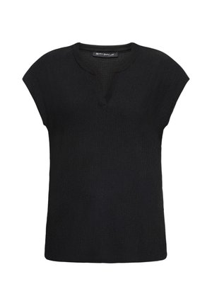 Blouse noire en maille à manches courtes avec une ouverture à l'encolure et une étiquette indiquant "Betty Barclay" à l'intérieur du col.