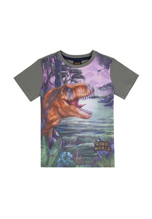 T-shirt with gray sleeves featuring a roaring Tyrannosaurus rex and lush prehistoric swamp background with "Dino World" text.