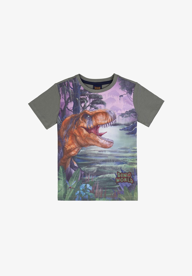 Maglietta con maniche grigie che mostra un Tyrannosaurus rex ruggente e uno sfondo di palude preistorica rigogliosa con la scritta "Dino World".