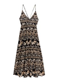 Abito maxi nero con spalline sottili, caratterizzato da un motivo di foglie tropicali e onde beige su tutta la superficie. Tessuto fluido con una vestibilità comoda.