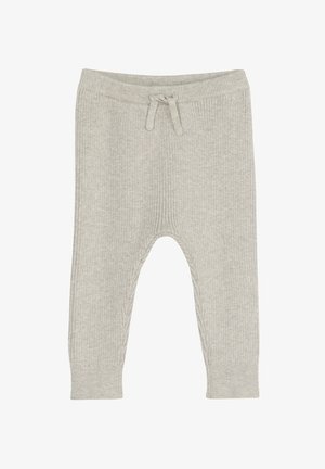 Gray ribbed knit pants with a soft texture, featuring an elastic waistband and adjustable tie at the front. No pockets or patterns.