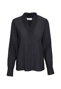 Musta pitkähiha blouse, jossa on pystysuorat raidat, V-pääntie, frillat ja napitettu hihansuissa. Kevyt kangas, joka on virtaava ja rento.